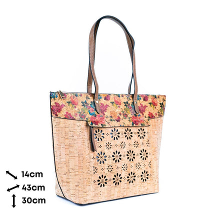 Cork and Cut-Out Printed Cork Tote Bag with PU Handles