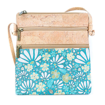 Cork Double Zip Flower print Crossbody Bag