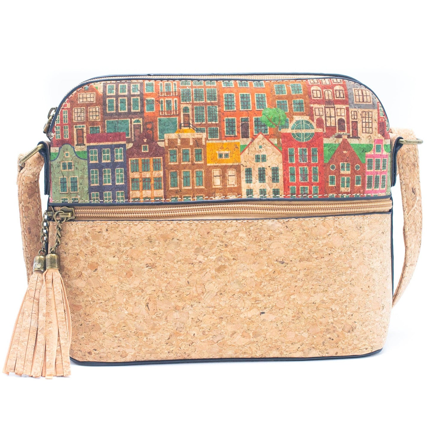 Tassel Zip Pocket Cork Crossbody Bag