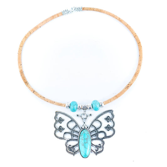 Butterfly Turquoise beads and Cork pendant handmade necklace