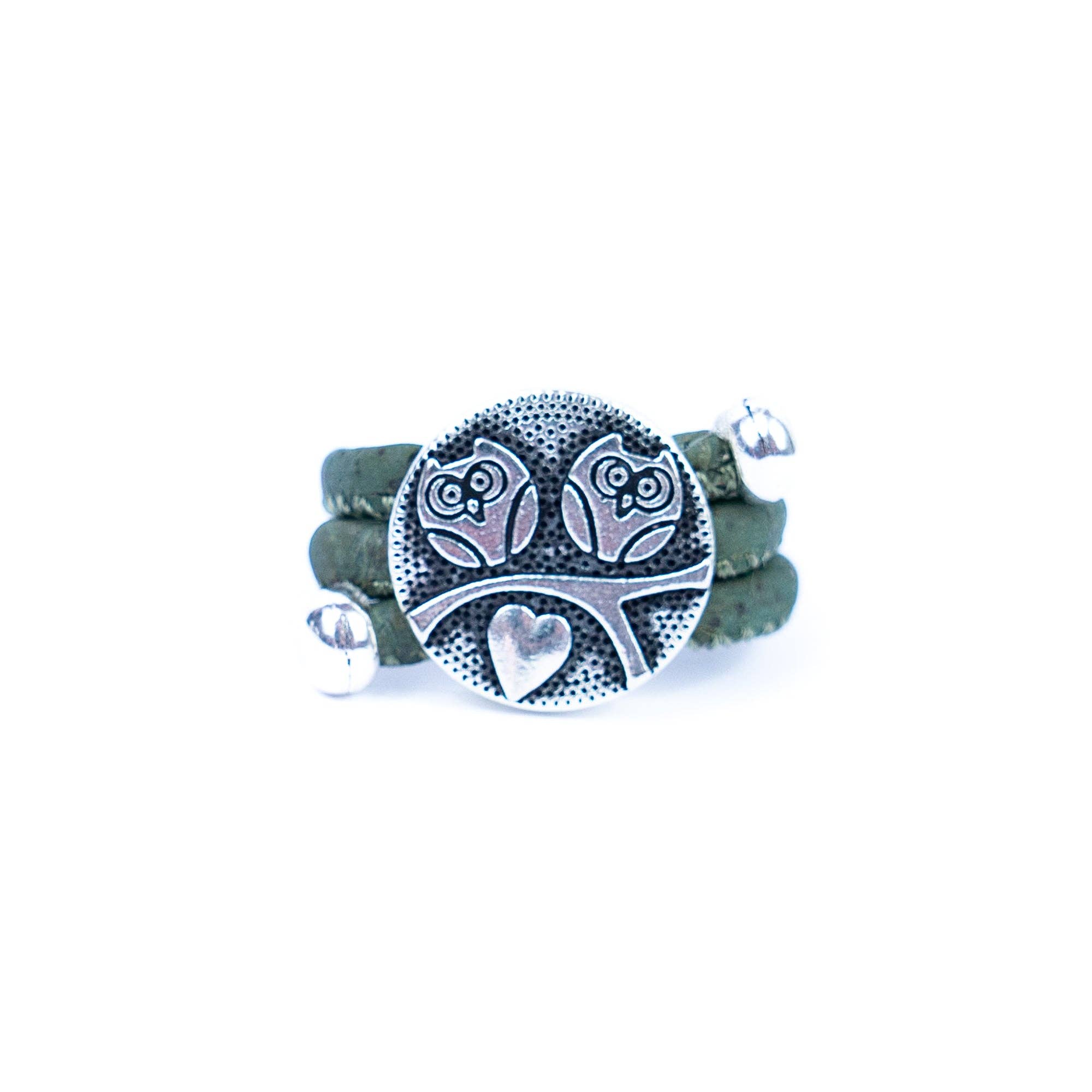 Owls on a tree branch & heart colored cork ring