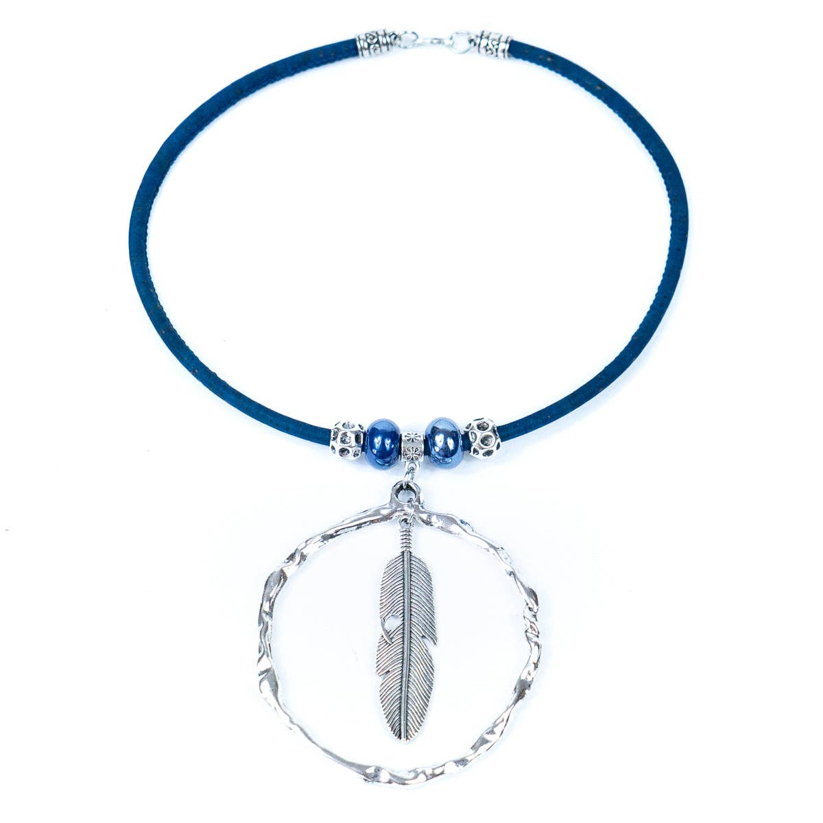 Feather cork necklace with colored cork cord & ceramic beads