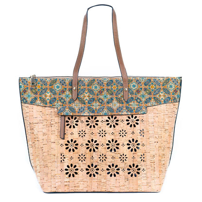 Cork and Cut-Out Printed Cork Tote Bag with PU Handles