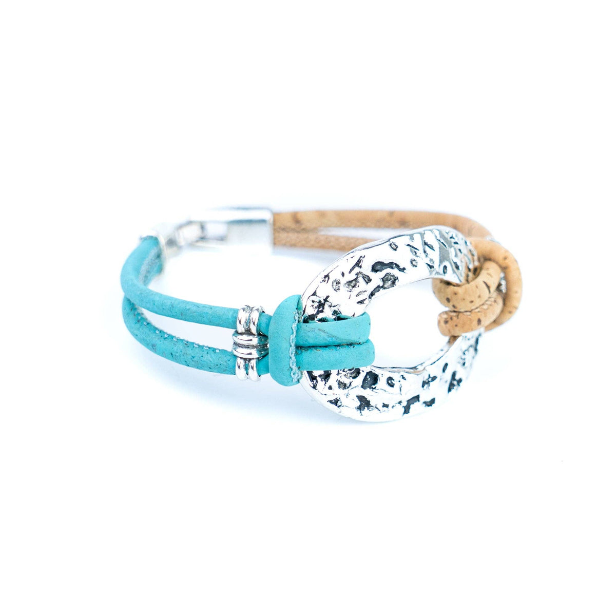 Silver-Tone Oval Handmade Natural Cork Bracelet