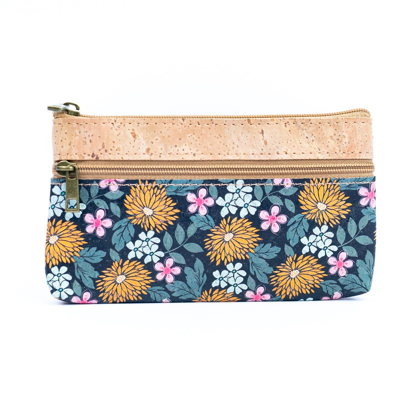 Chic Dual-Zipper Printed Cork Wallet