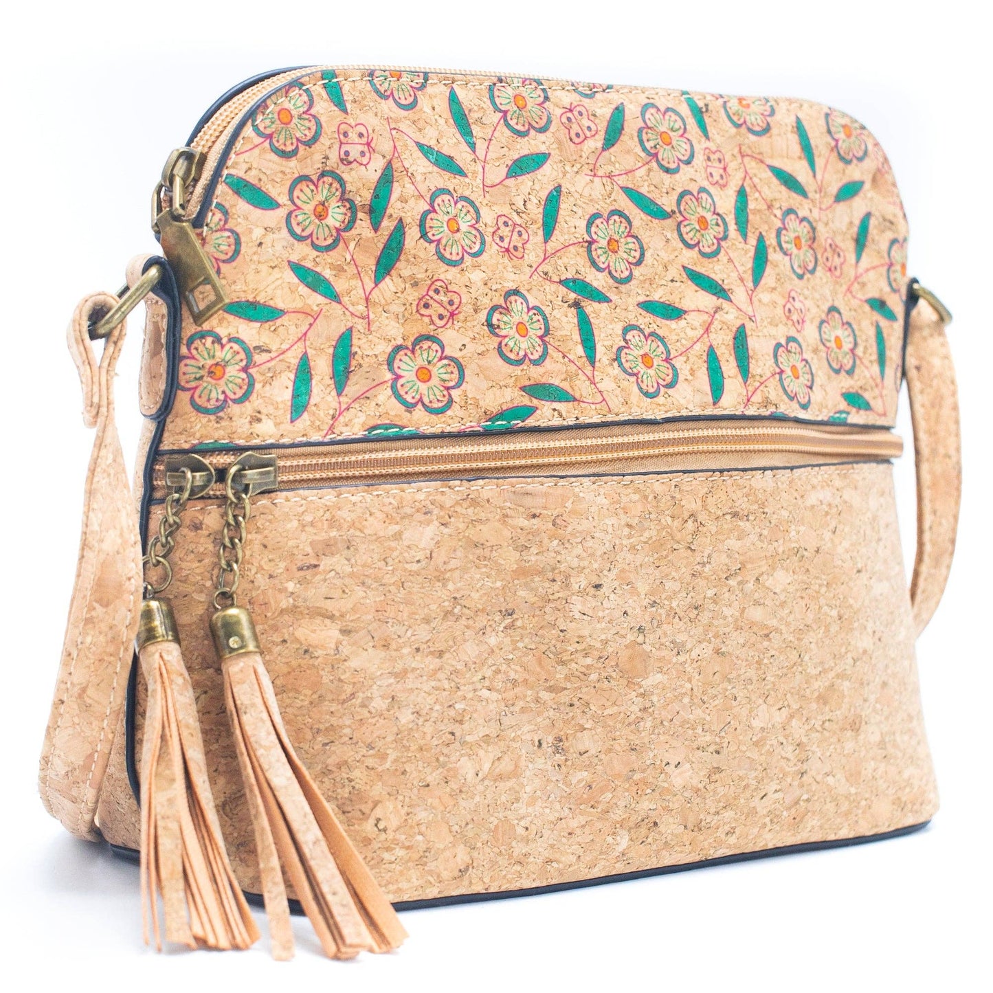 Tassel Zip Pocket Cork Crossbody Bag