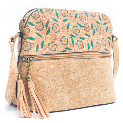 Tassel Zip Pocket Cork Crossbody Bag