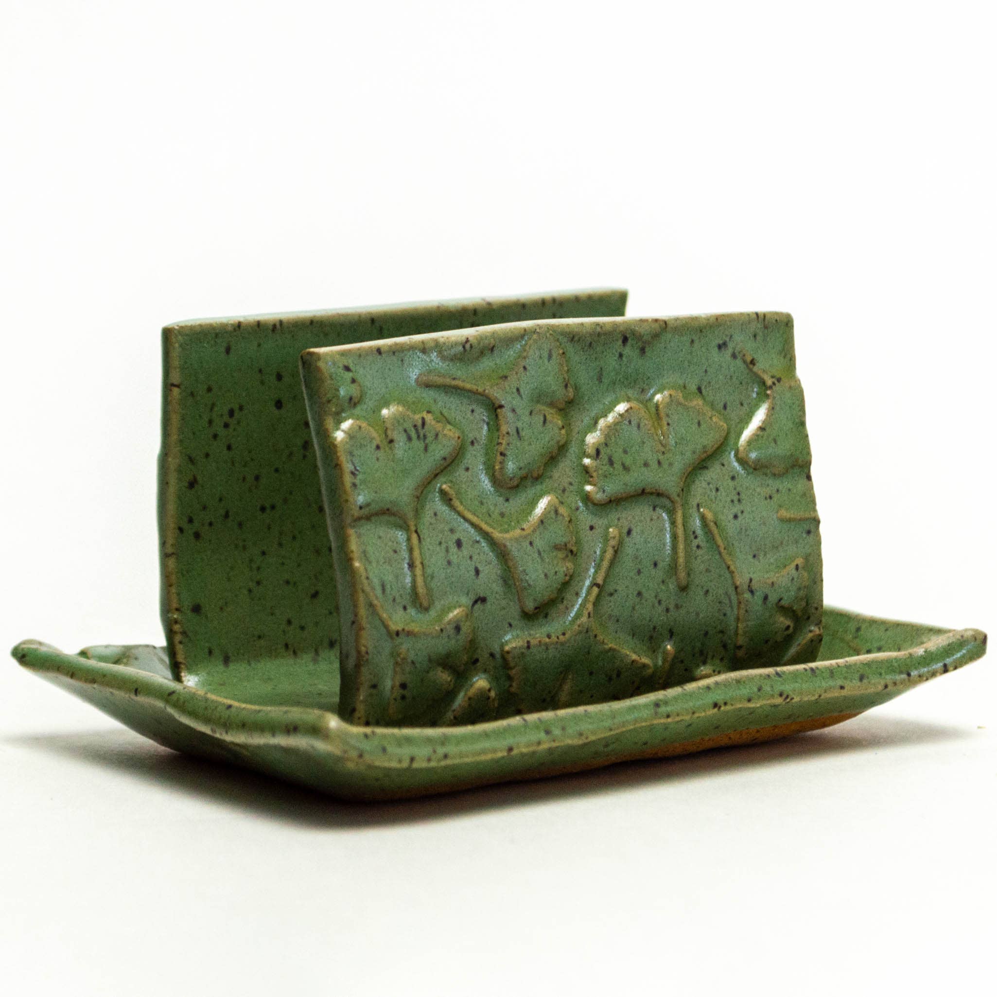 Ginkgo Patterned Green Ceramic Sponge Holder