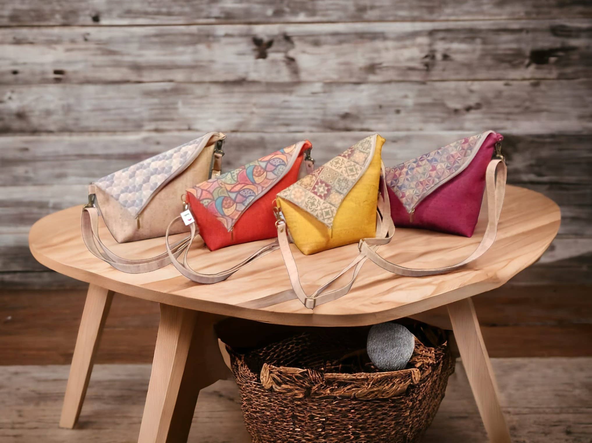 Diagonally folded cork bag