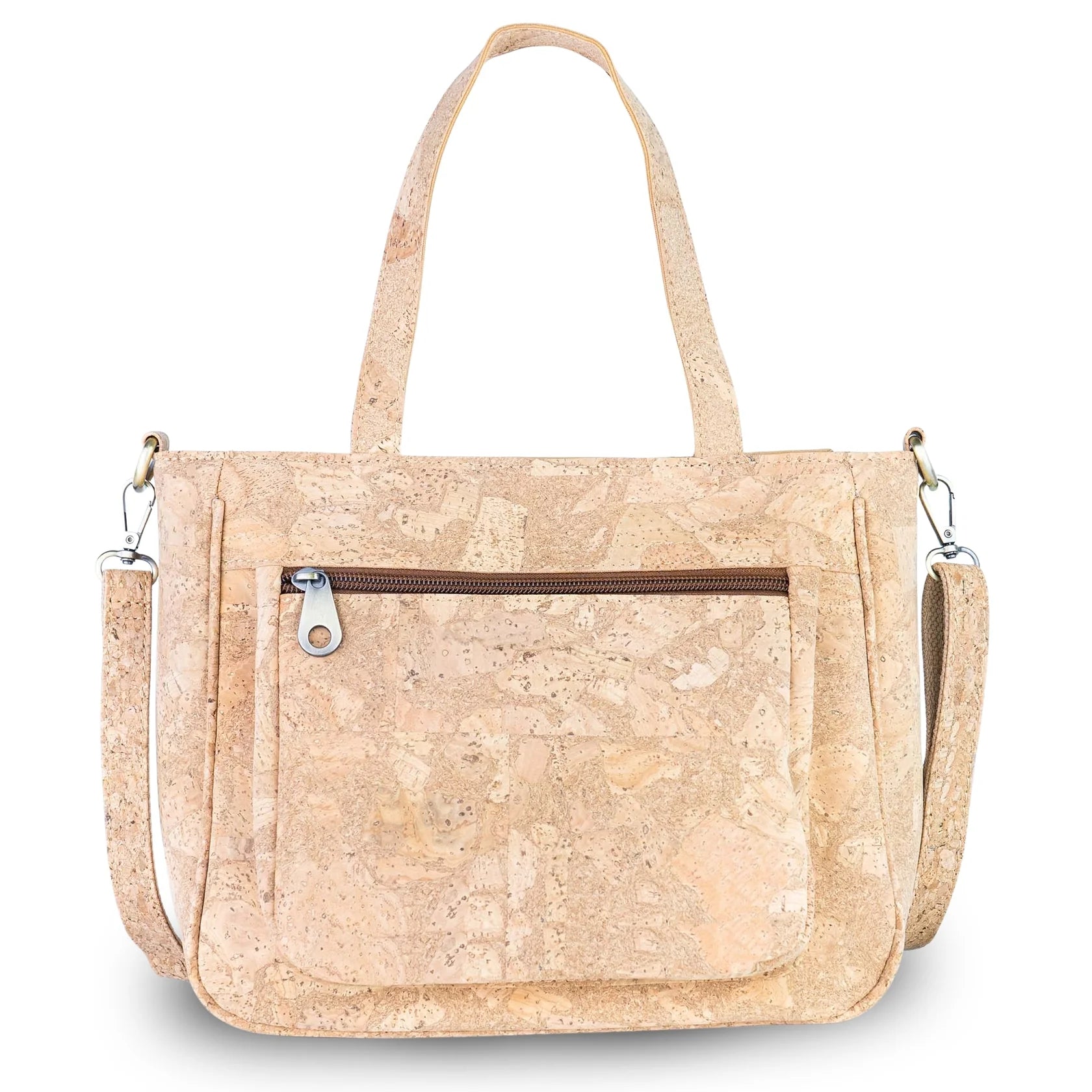 Natural Cork Handbag with Floral Pocket and Detachable Strap