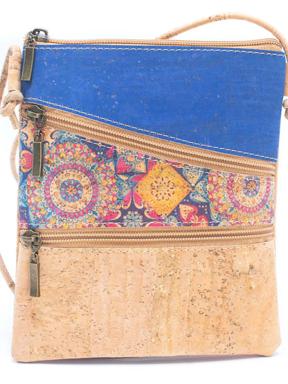 Pattern stitching cork zipper crossbody bag