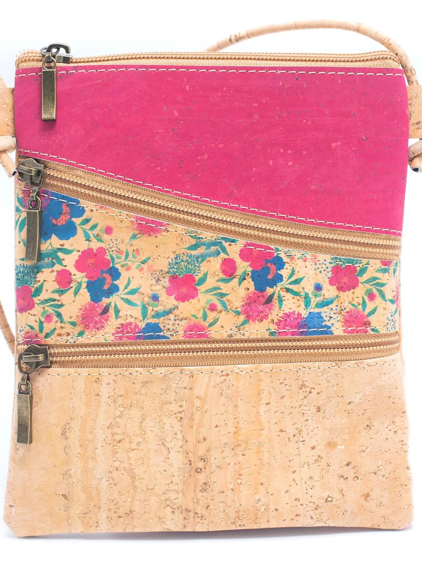 Pattern stitching cork zipper crossbody bag