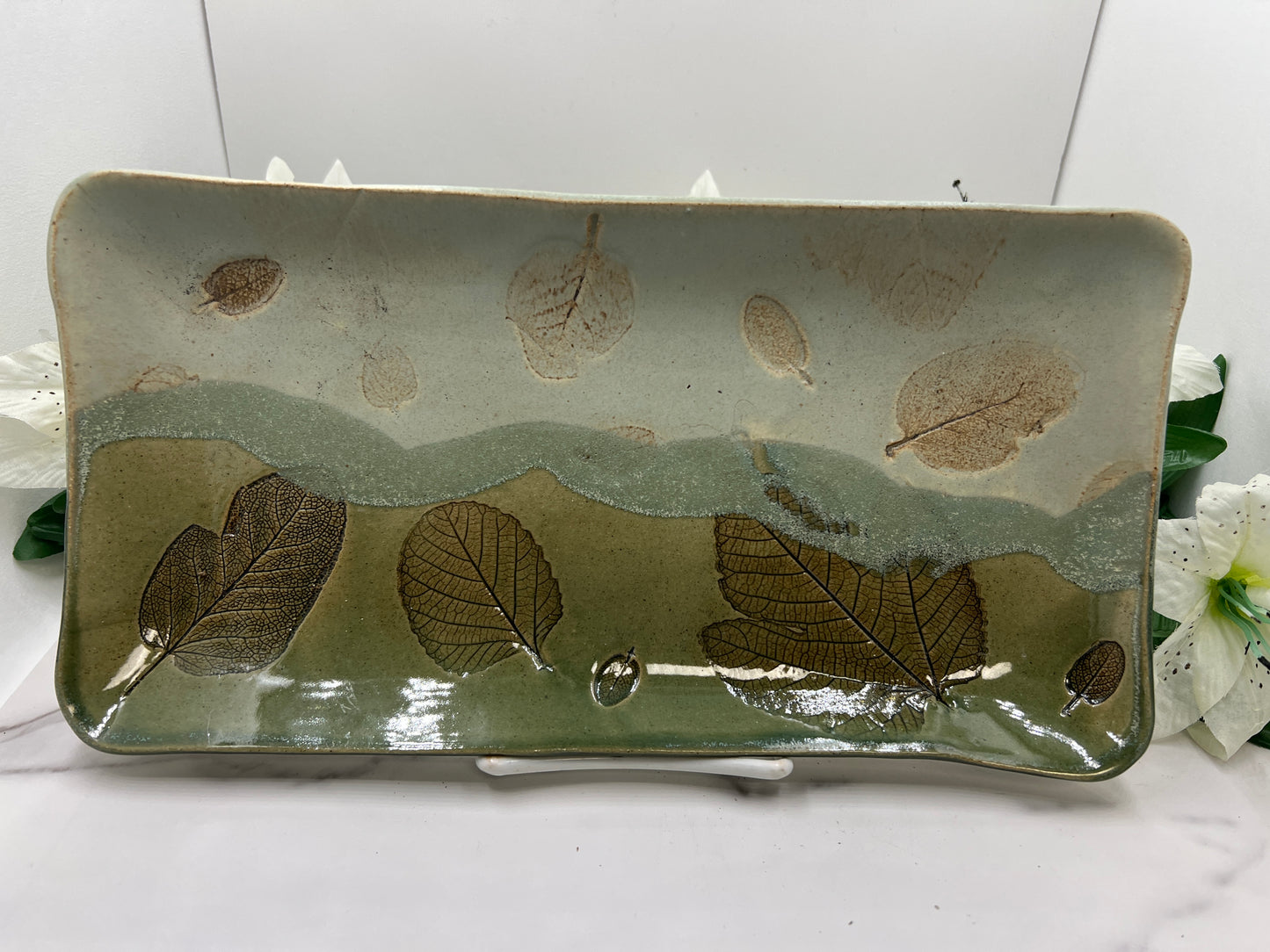 Rectangle Tray w/Leaves handmade pottery