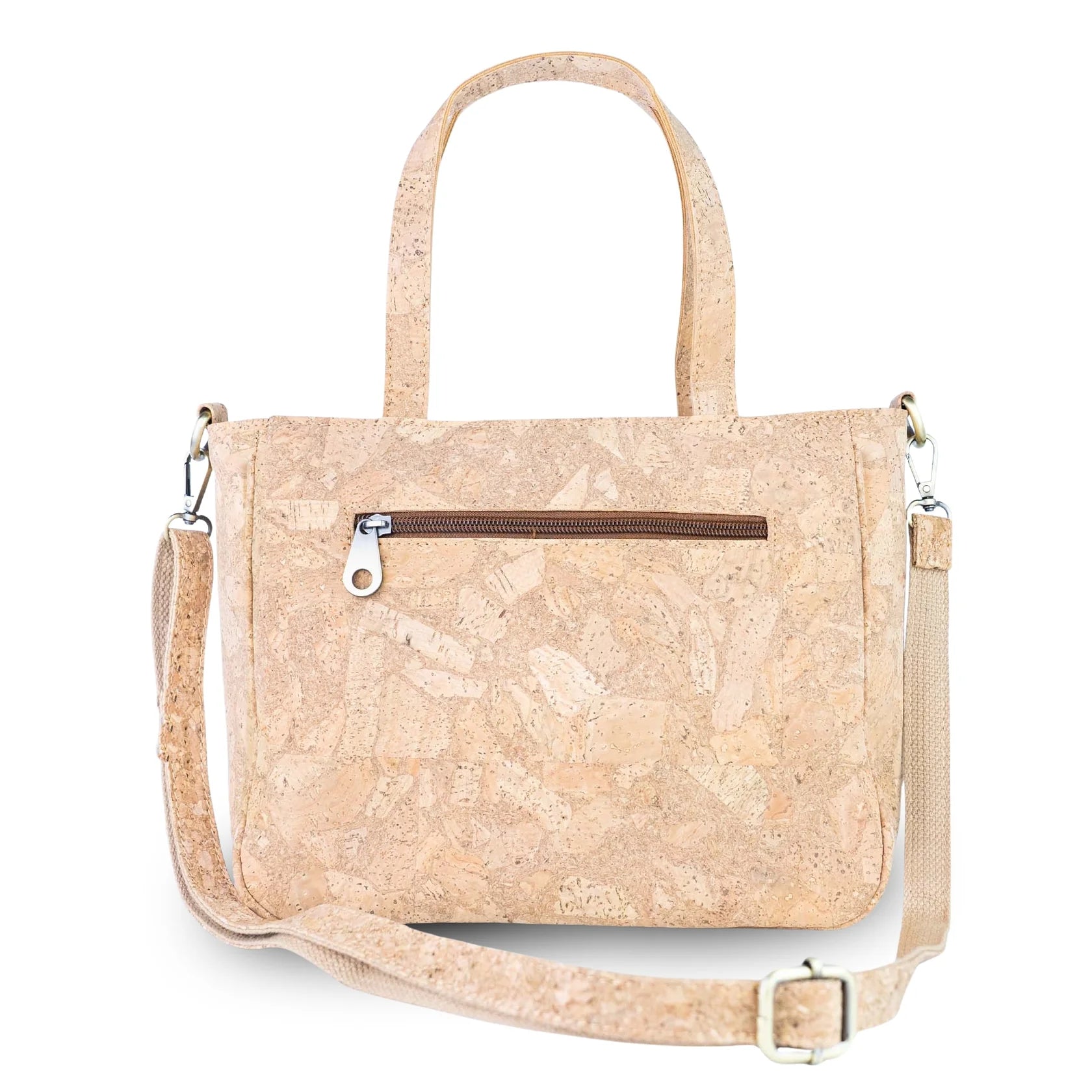 Natural Cork Handbag with Floral Pocket and Detachable Strap