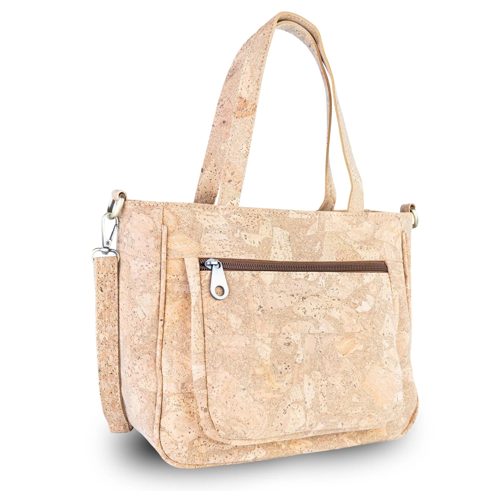 Natural Cork Handbag with Floral Pocket and Detachable Strap