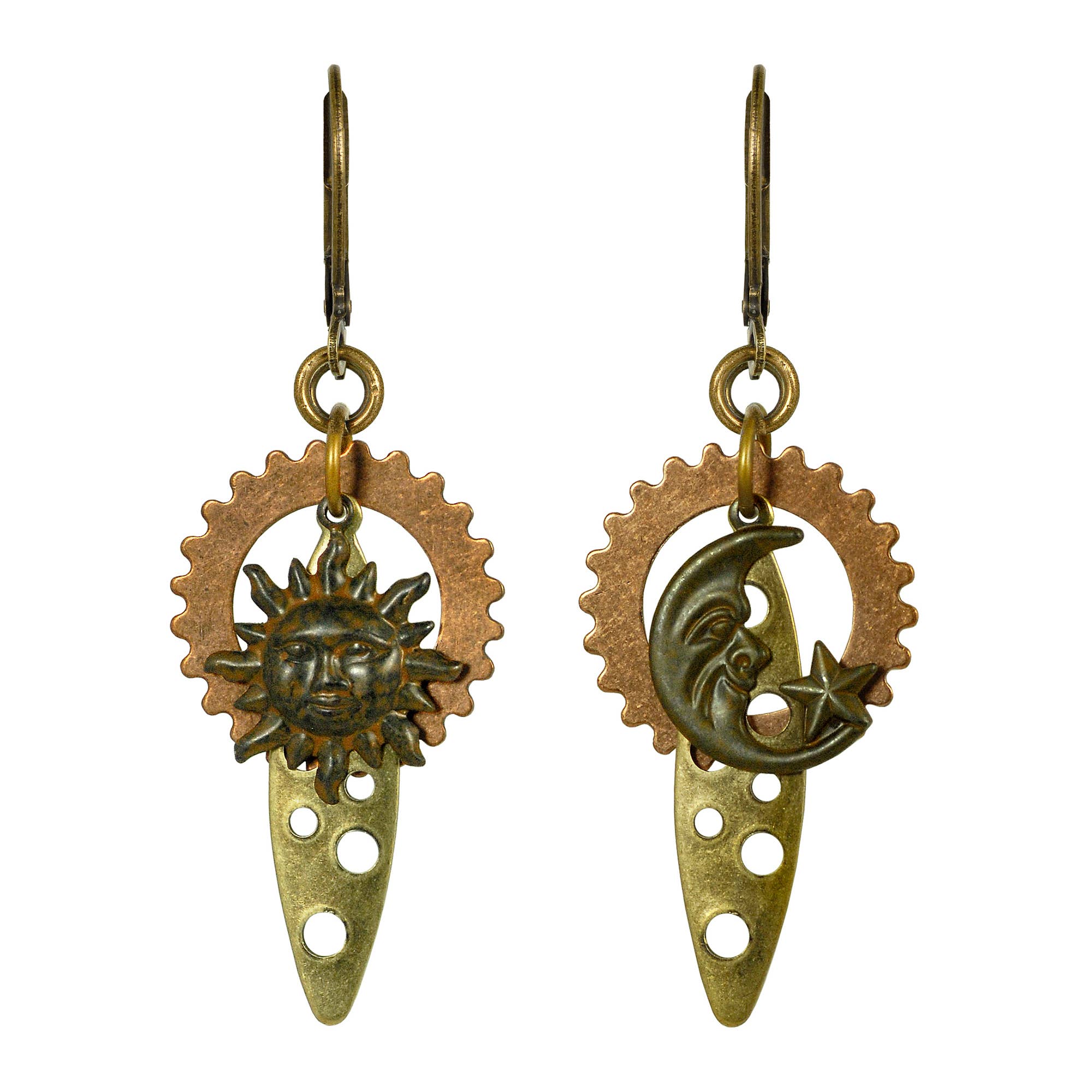 Sun, Moon, and Gears Asymmetrical Space Steampunk Earrings