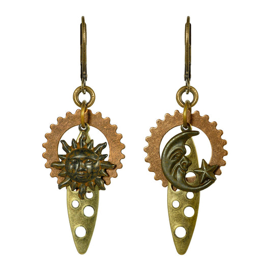 Sun, Moon, and Gears Asymmetrical Space Steampunk Earrings