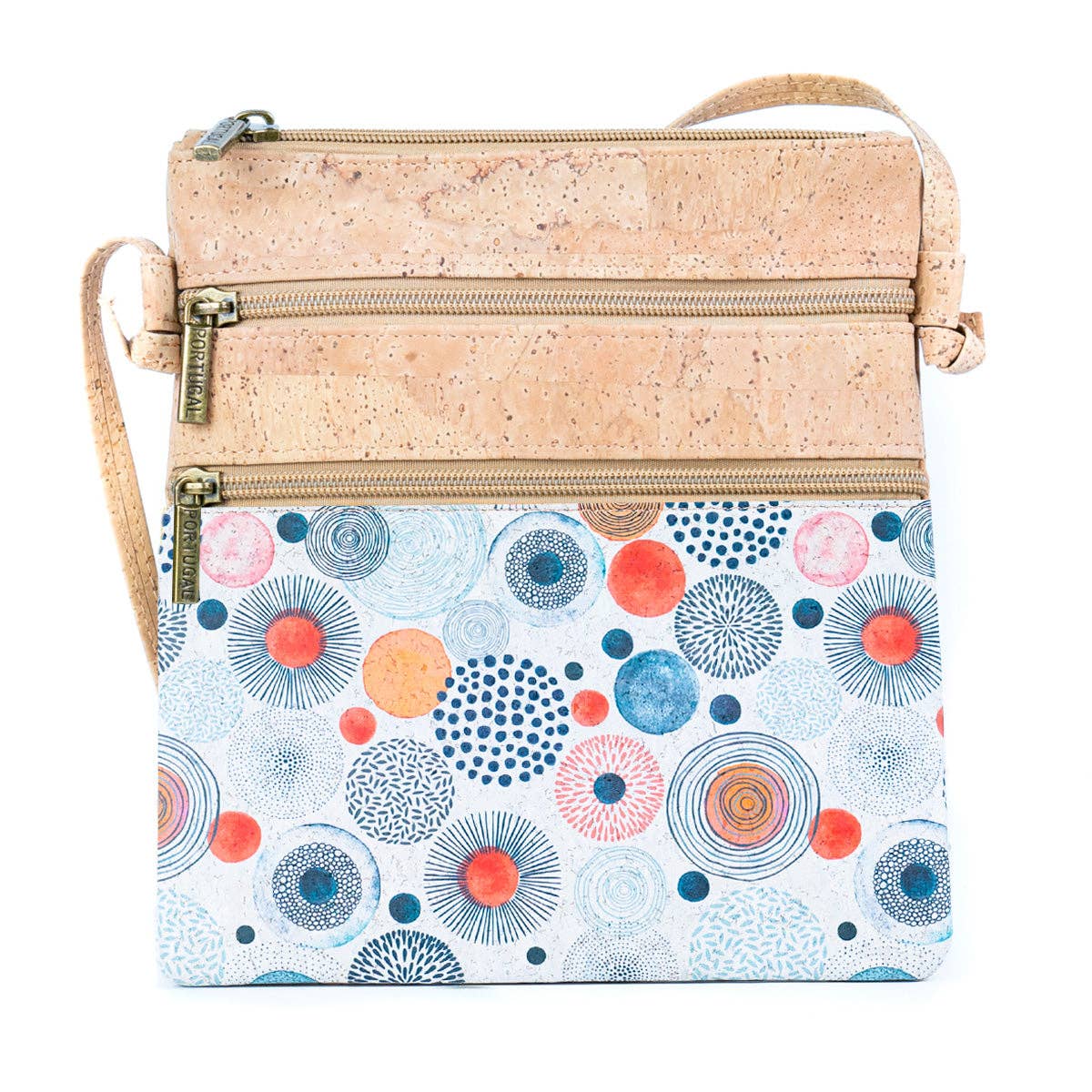 Cork Double Zip Flower print Crossbody Bag