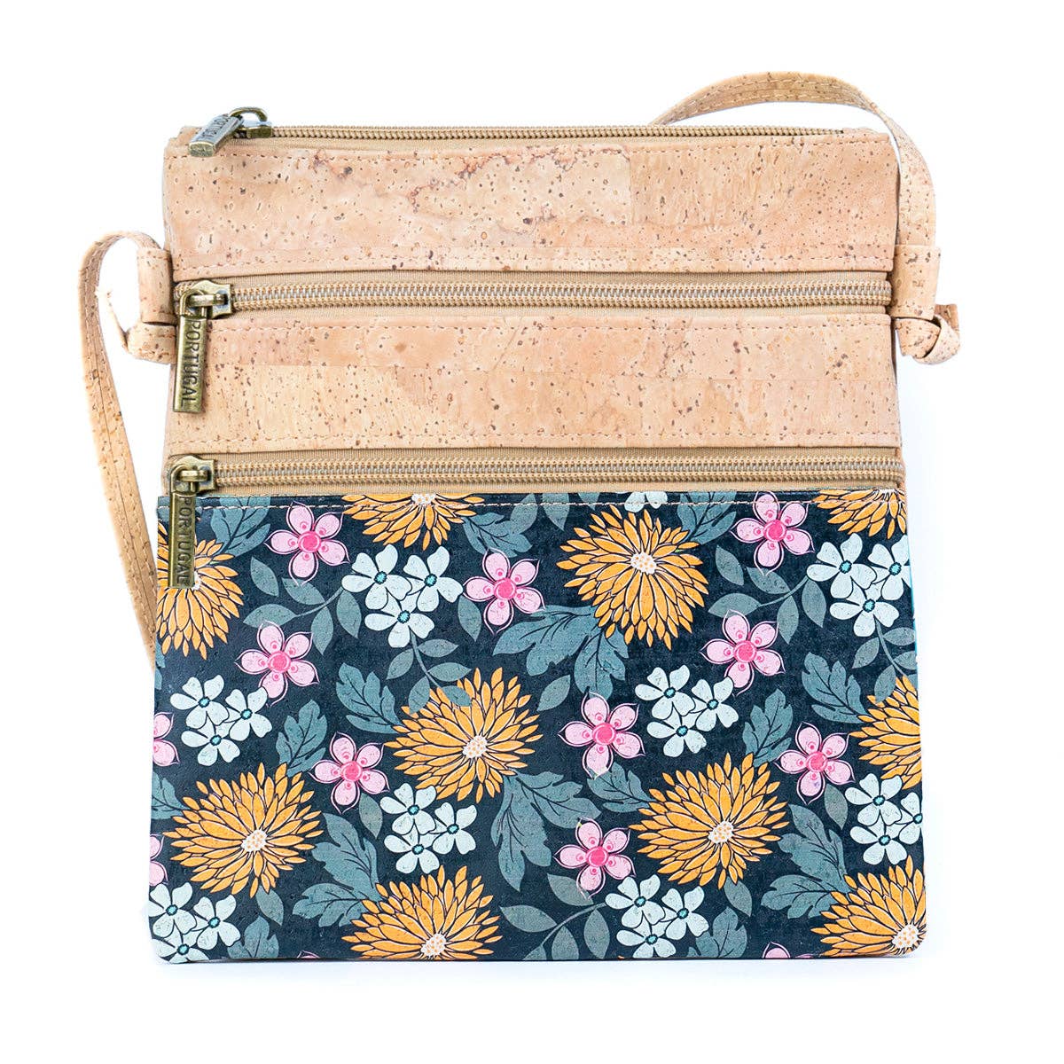 Cork Double Zip Flower print Crossbody Bag