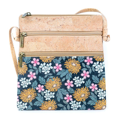 Cork Double Zip Flower print Crossbody Bag