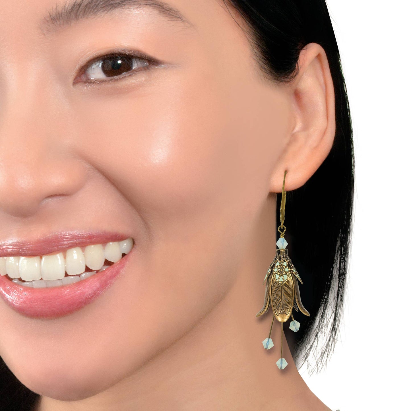 Mystic Lily Flower w Crystals Hand Painted Earrings - Flower Fairy