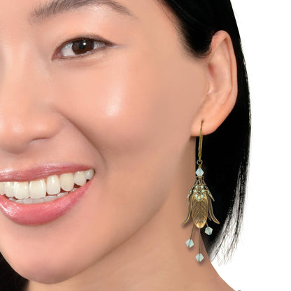 Mystic Lily Flower w Crystals Hand Painted Earrings - Flower Fairy