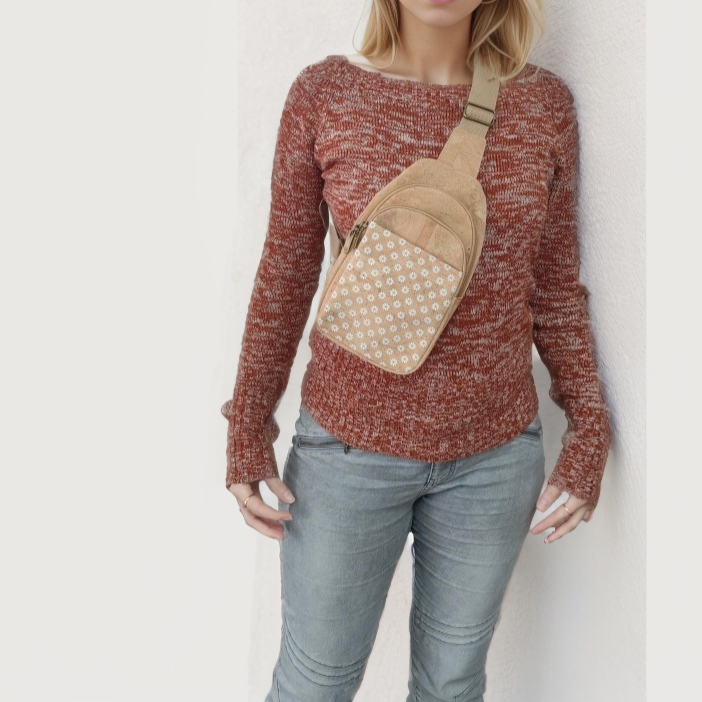 Natural Cork Three-Compartment Sling Bag