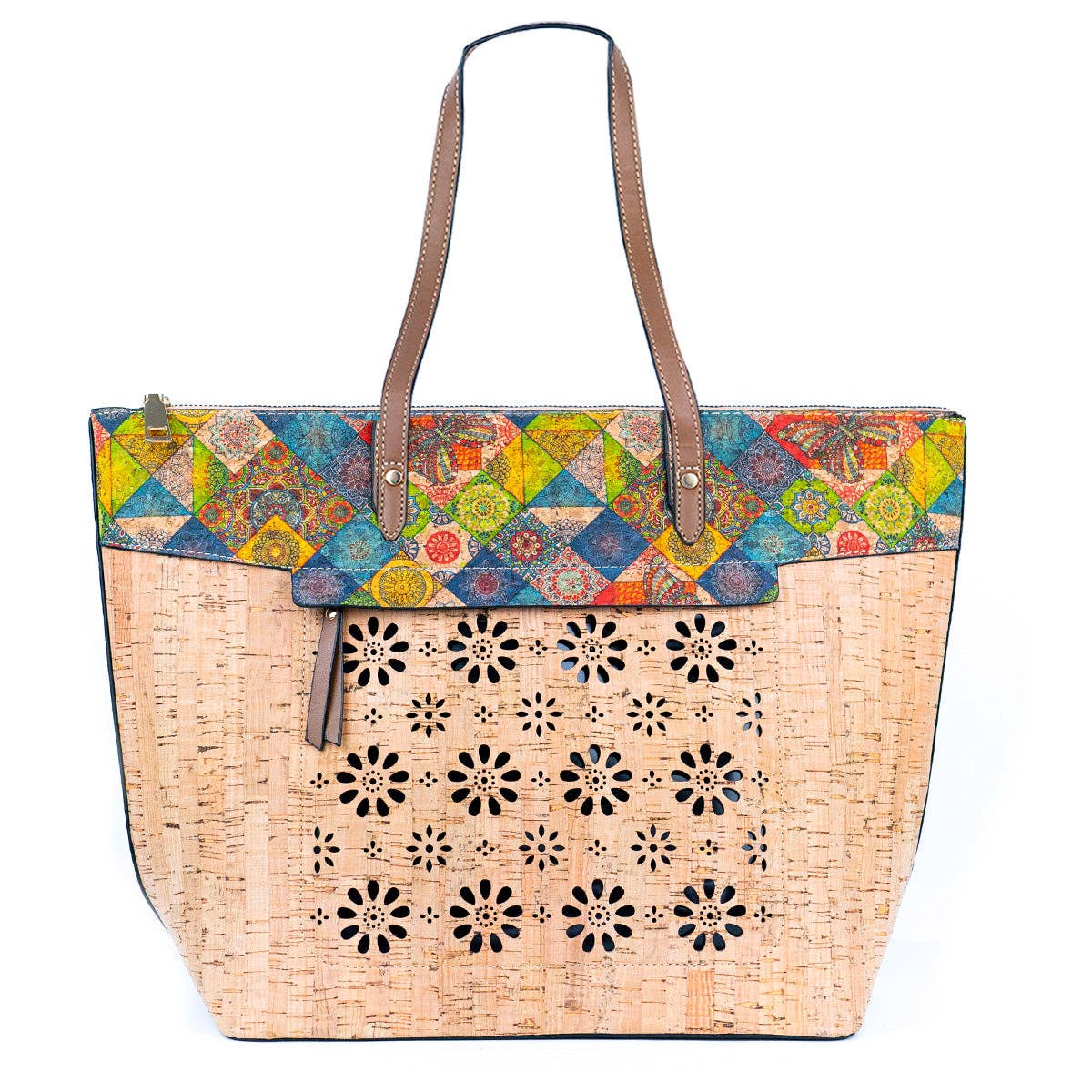 Cork and Cut-Out Printed Cork Tote Bag with PU Handles