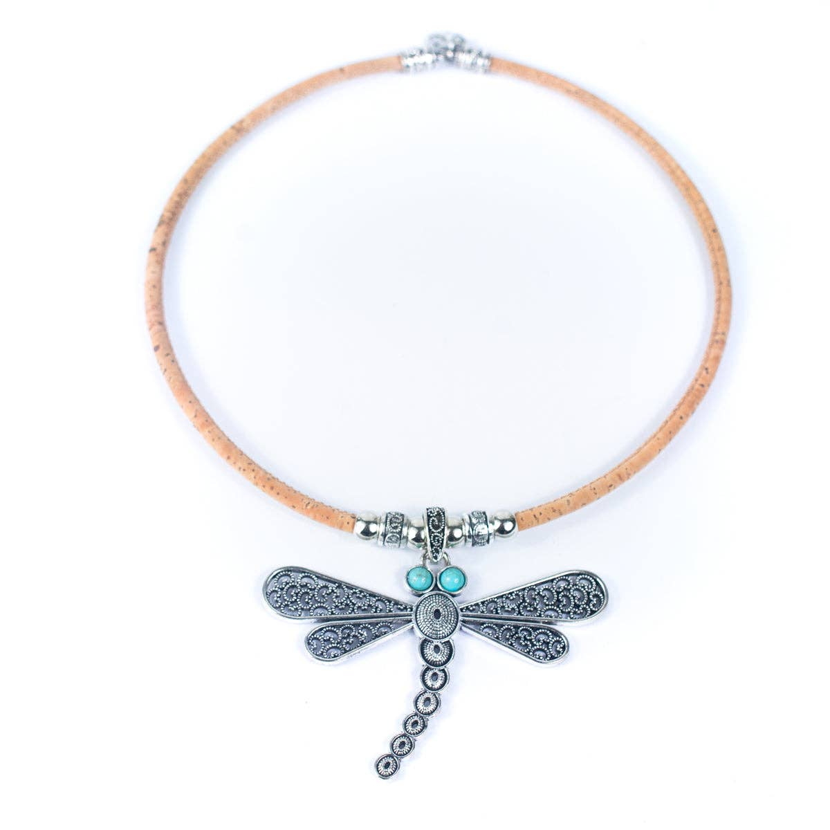 Stone eyed Dragonfly pendant cork necklace