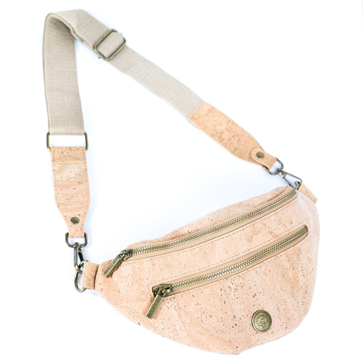 Sling Cork Bag with Adjustable Strap and Metal Zippers