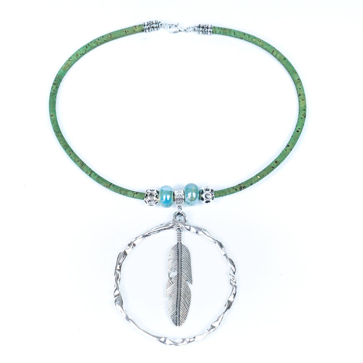 Feather cork necklace with colored cork cord & ceramic beads