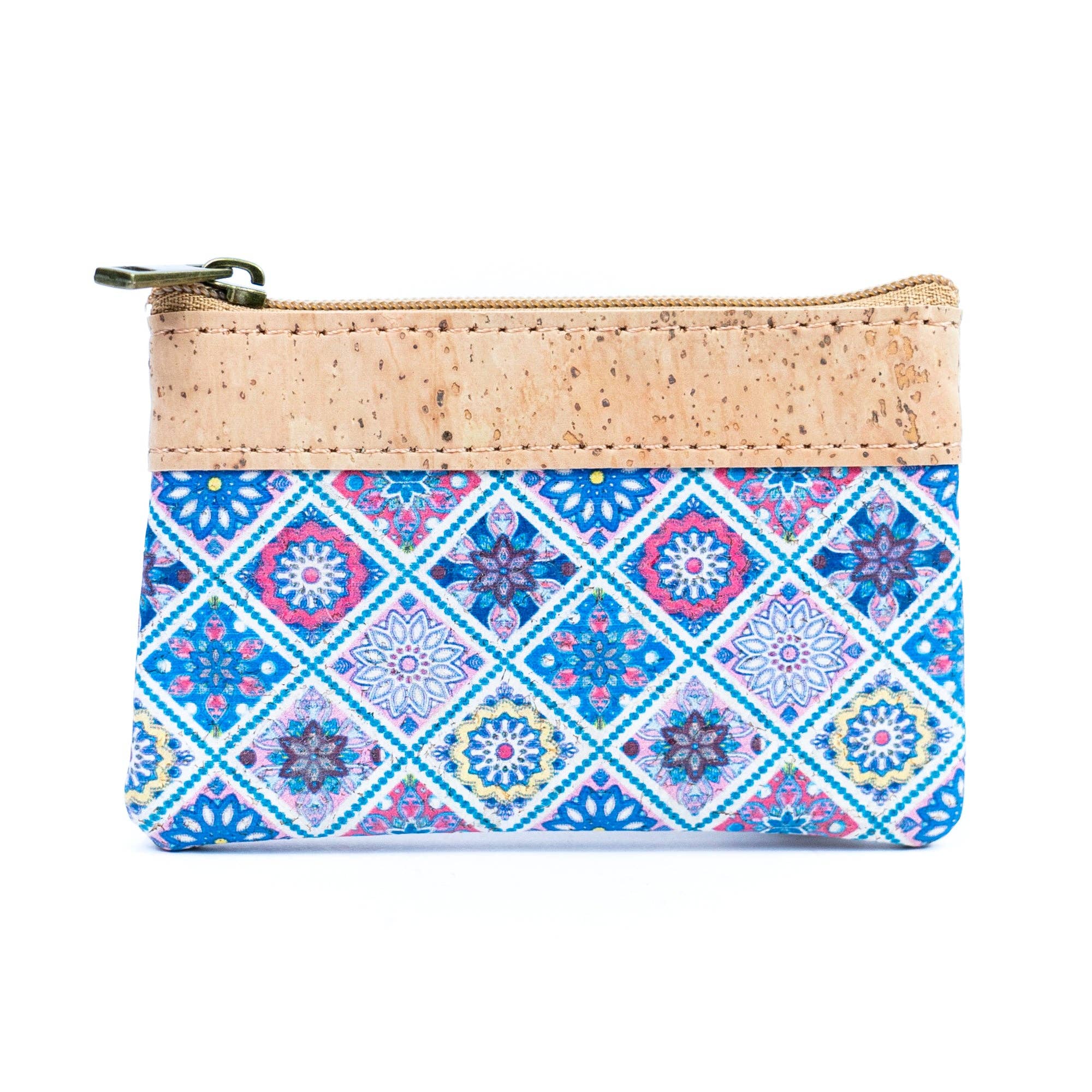 Dual Zip Compartments Mini Cork Wallet - Chic Printed Cork