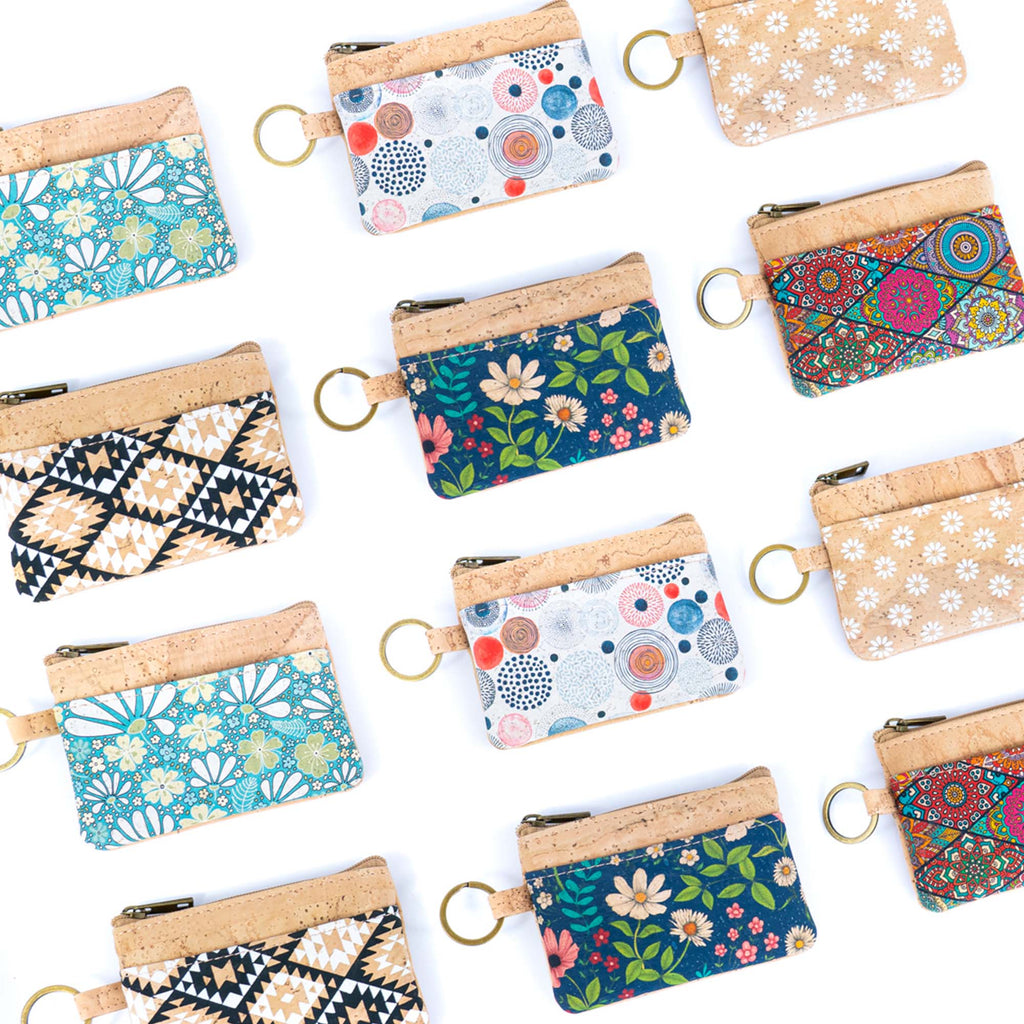 Small Cork Coin Purse with Key Ring – Floral Print