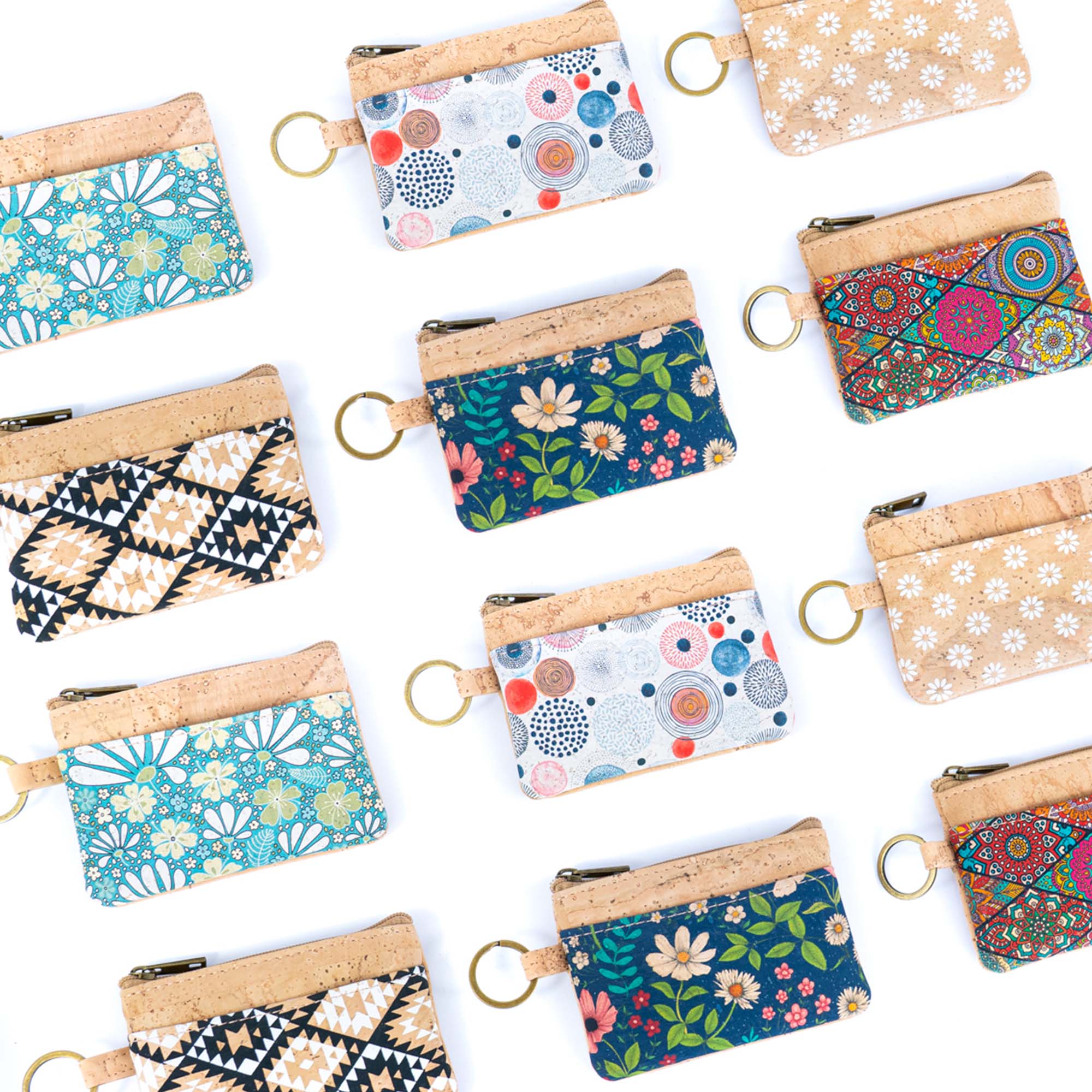 Small Cork Coin Purse with Key Ring – Floral Print