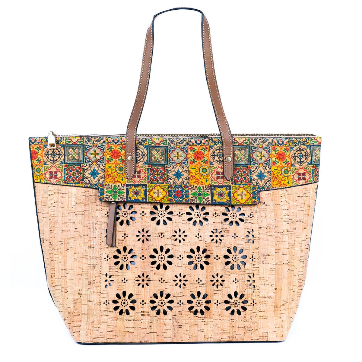 Cork and Cut-Out Printed Cork Tote Bag with PU Handles