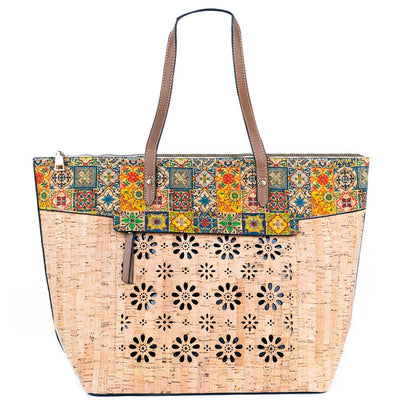 Cork and Cut-Out Printed Cork Tote Bag with PU Handles