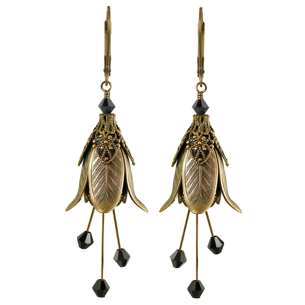 Mystic Lily Flower w Crystals Hand Painted Earrings - Flower Fairy