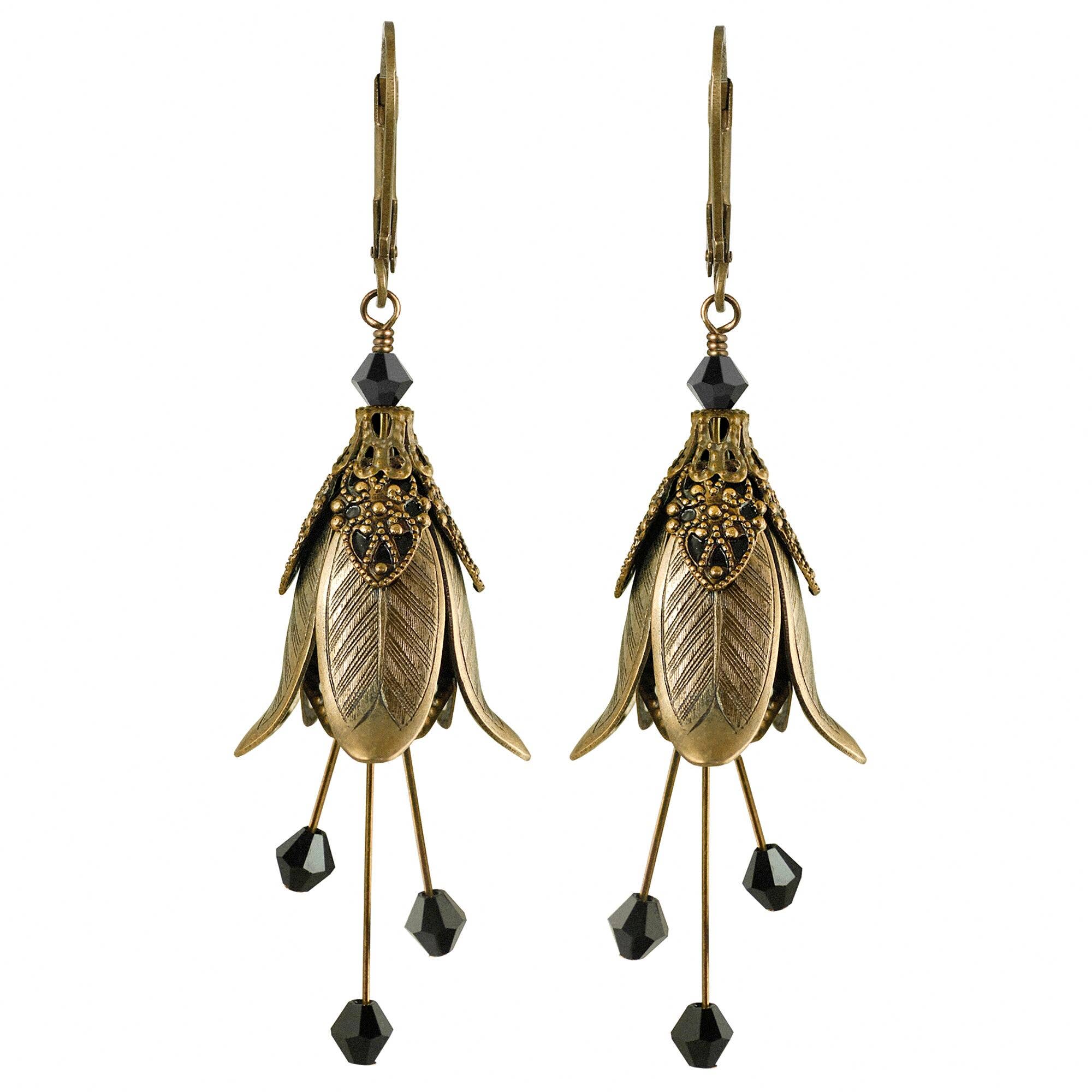 Mystic Lily Flower w Crystals Hand Painted Earrings - Flower Fairy