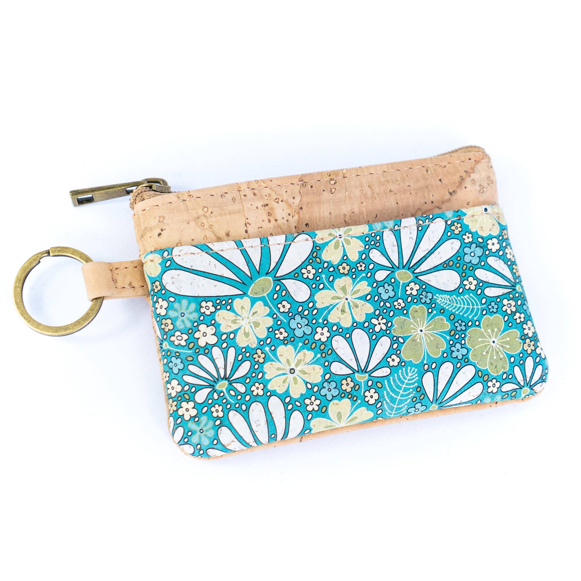Small Cork Coin Purse with Key Ring – Floral Print