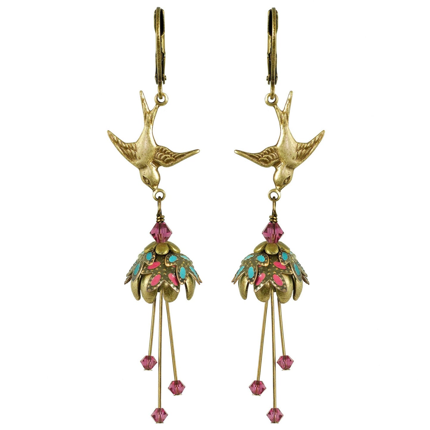 Floral Bird Hand Painted Earrings w/ Crystals - Flower Fairy