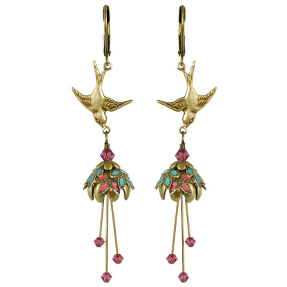 Floral Bird Hand Painted Earrings w/ Crystals - Flower Fairy
