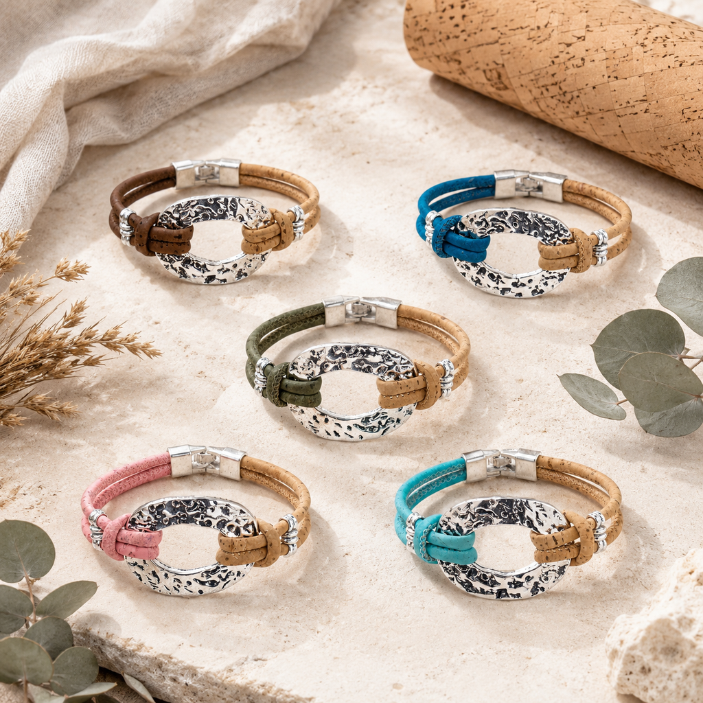 Silver-Tone Oval Handmade Natural Cork Bracelet