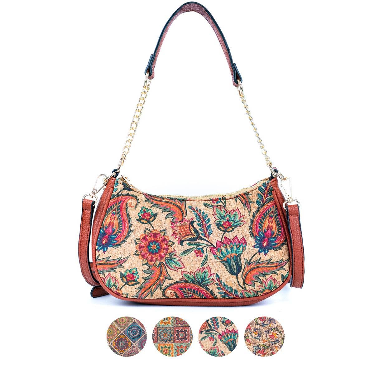 Bohemian Chic Printed Cork & Brown PU Leather Crossbody bag