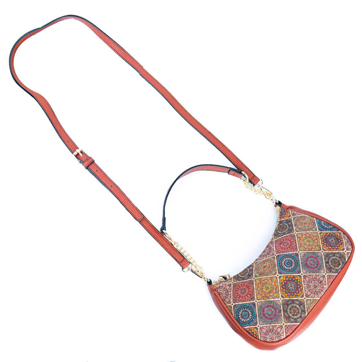 Bohemian Chic Printed Cork & Brown PU Leather Crossbody bag