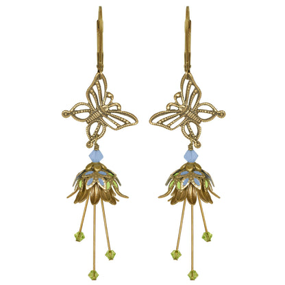 Butterfly Nature Painted Earrings w Crystals - Flower Fairy