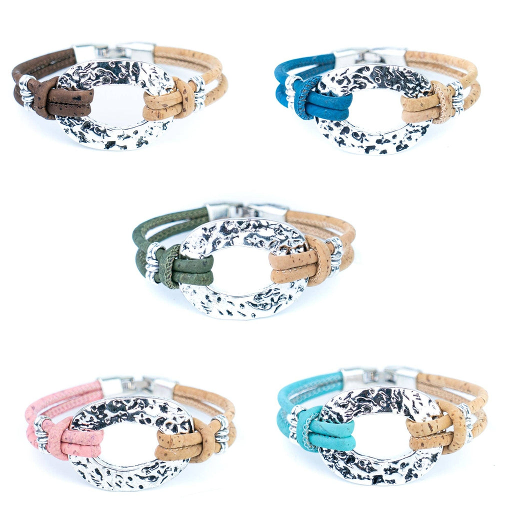 Silver-Tone Oval Handmade Natural Cork Bracelet