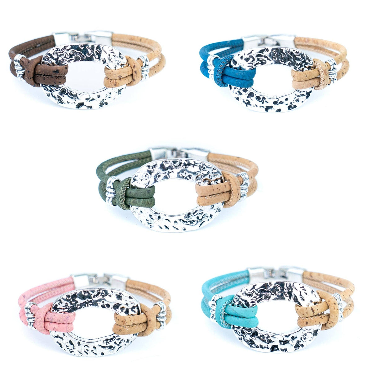 Silver-Tone Oval Handmade Natural Cork Bracelet
