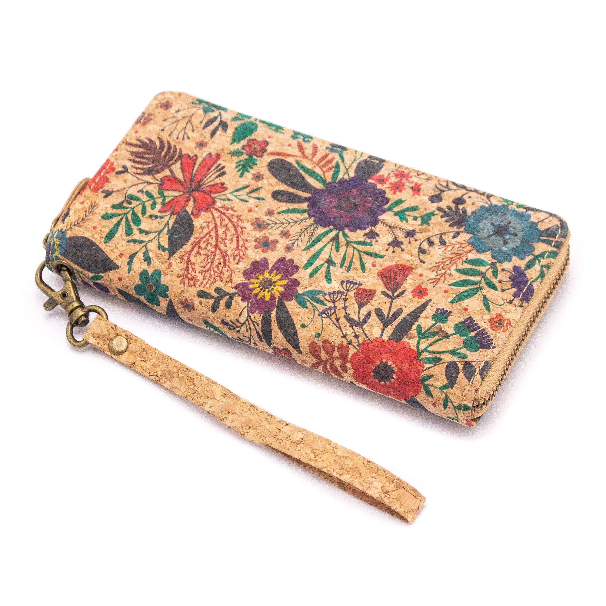 Natural cork with flower pattern zipper women wallet