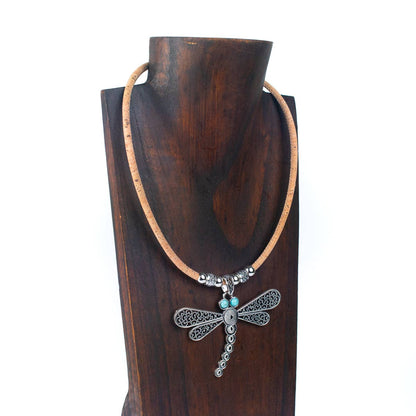 Stone eyed Dragonfly pendant cork necklace