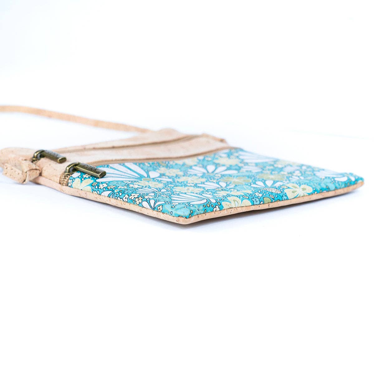 Cork Double Zip Flower print Crossbody Bag